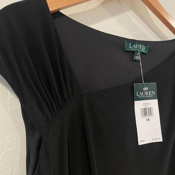 ~ NEW Lauren Ralph Lauren 16 LBD Cocktail Dress Black Asymmetrical LRL Lined - Picture 2 of 11